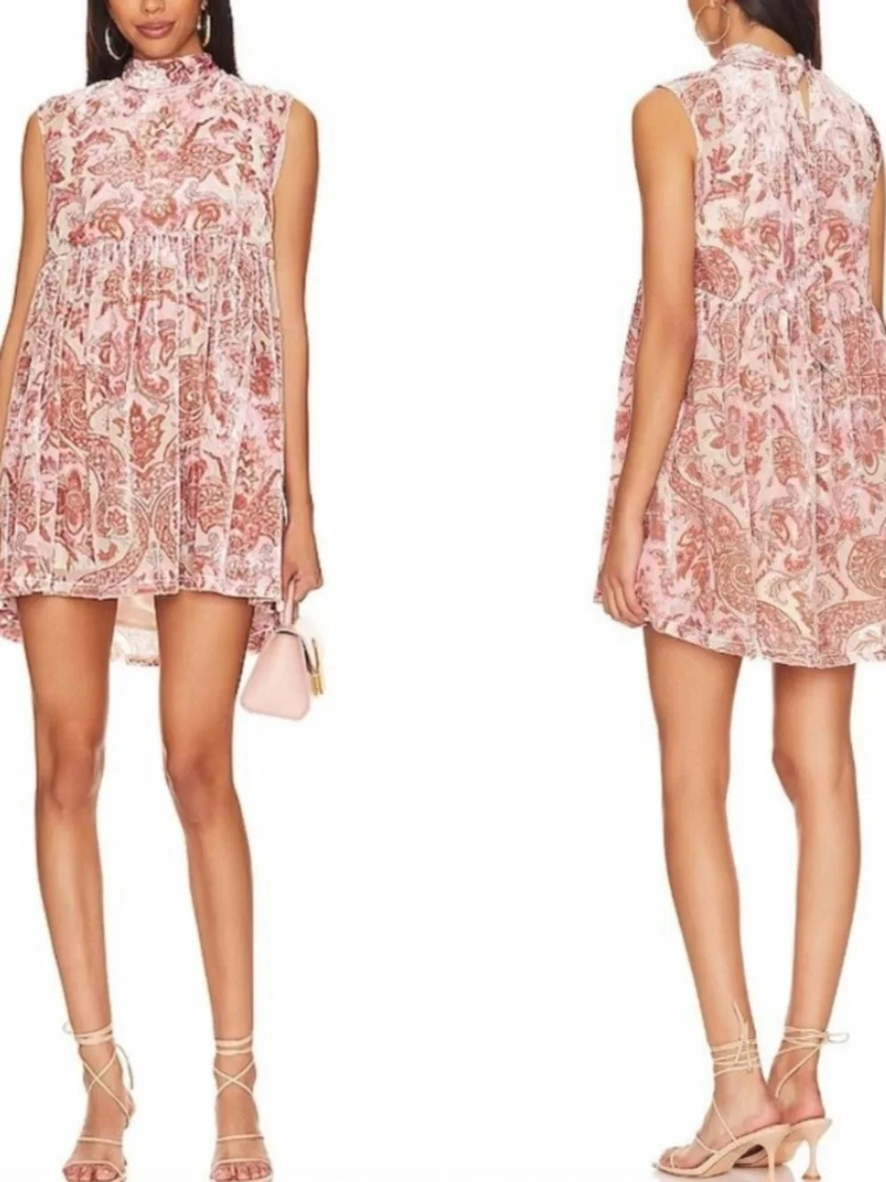 Free People All The Time Velvet Pink Paisley Boho Mini Dress Size XS Oversized